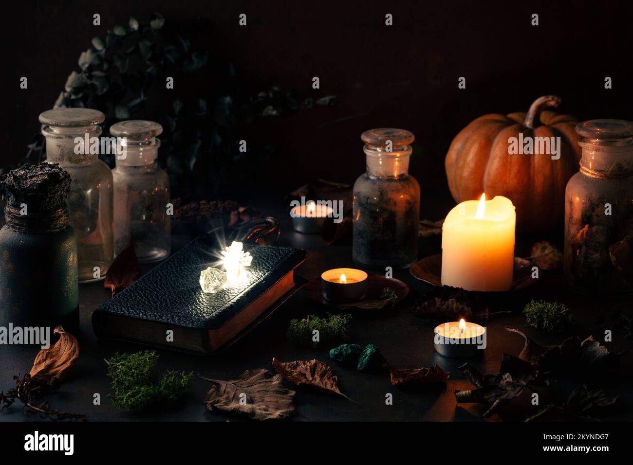 Concetto di vita still witchcraft con pozioni, libro incantesimo, erbe ingredienti candele e attrezzature magiche Foto Stock