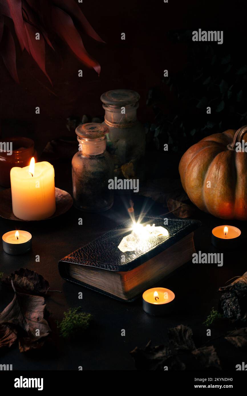 Concetto di vita still witchcraft con pozioni, libro incantesimo, erbe ingredienti candele e attrezzature magiche Foto Stock