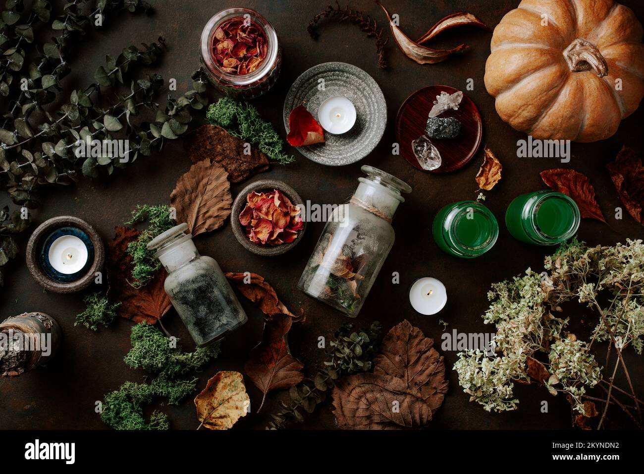 Concetto di vita still witchcraft con pozione, libro incantesimo, erbe ingredienti candele e attrezzature magiche Foto Stock