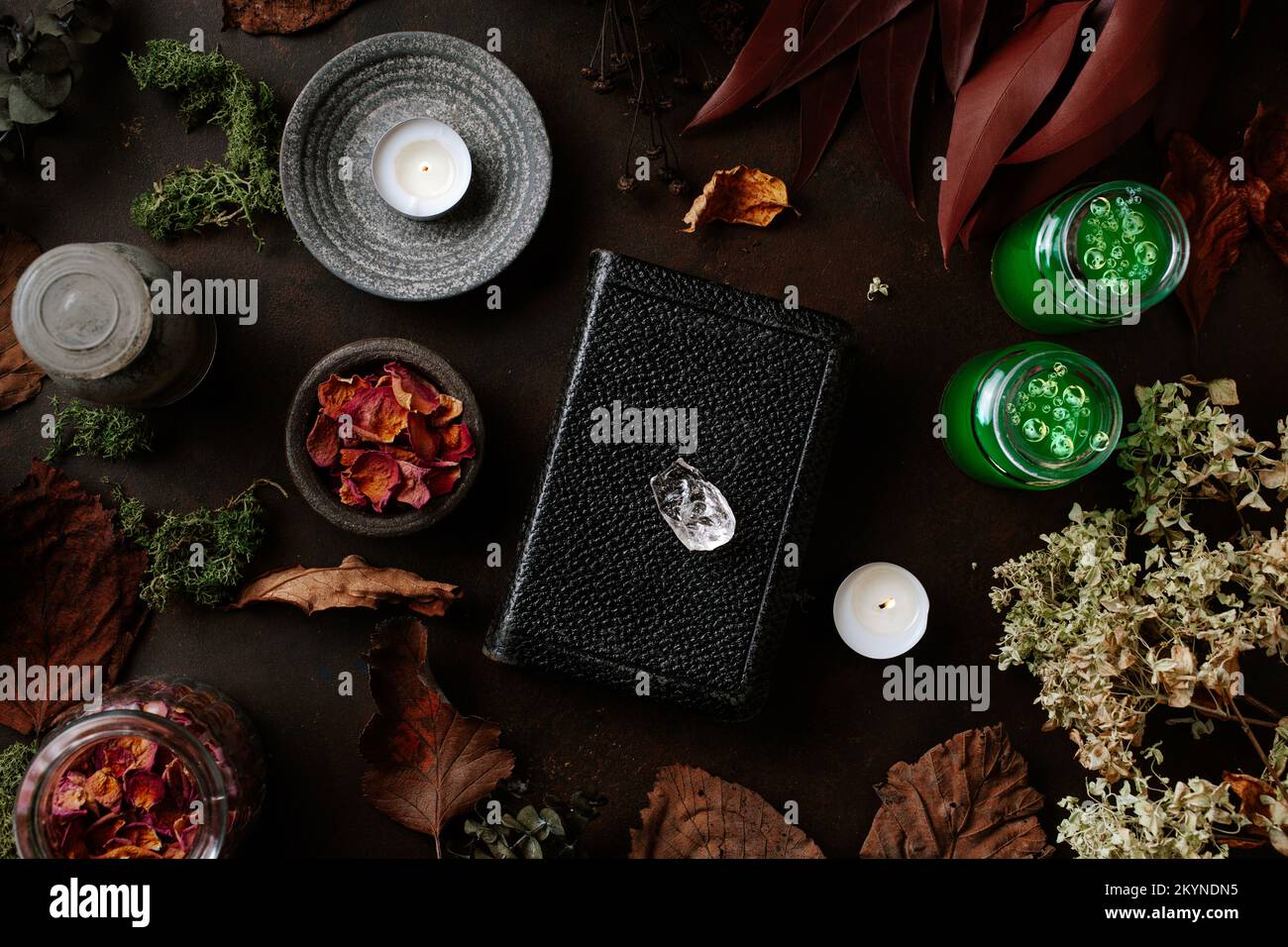 Concetto di vita still witchcraft con pozione, libro incantesimo, erbe ingredienti candele e attrezzature magiche Foto Stock