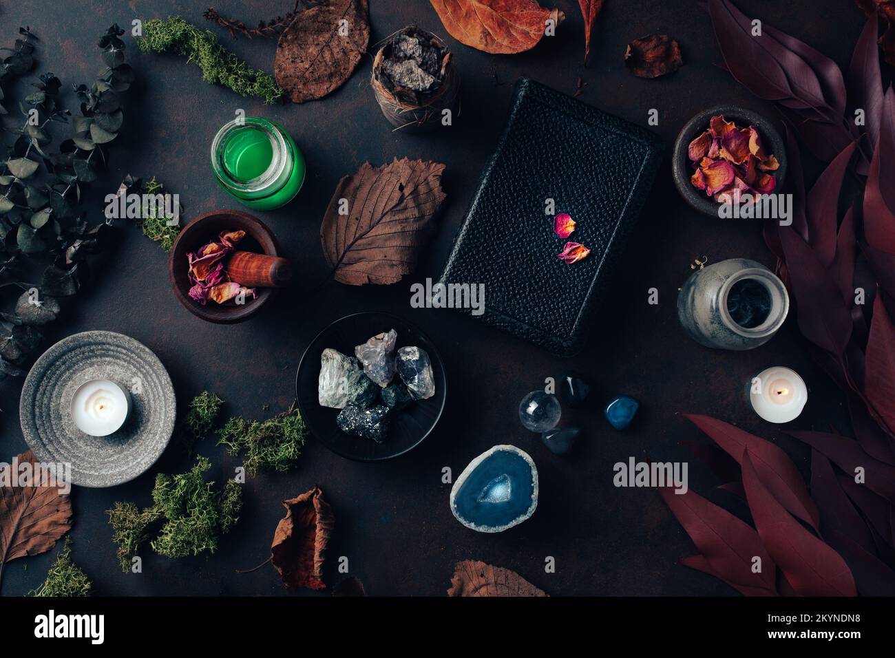 Concetto di vita still witchcraft con pozione, libro incantesimo, erbe ingredienti candele e attrezzature magiche Foto Stock
