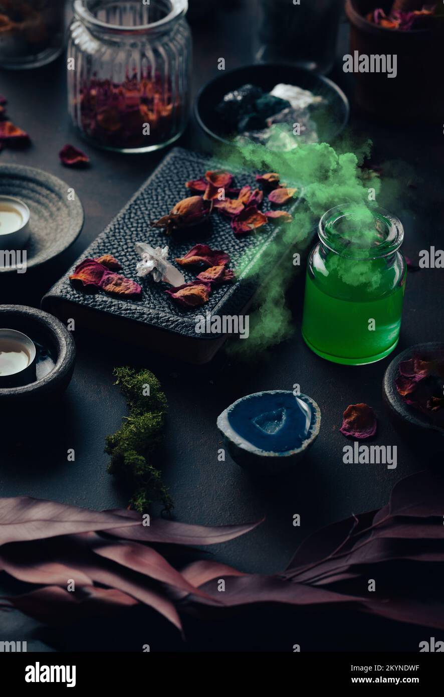 Concetto di vita still witchcraft con pozione fumante, libro incantesimo, candele ingredienti erbe e attrezzatura magica Foto Stock