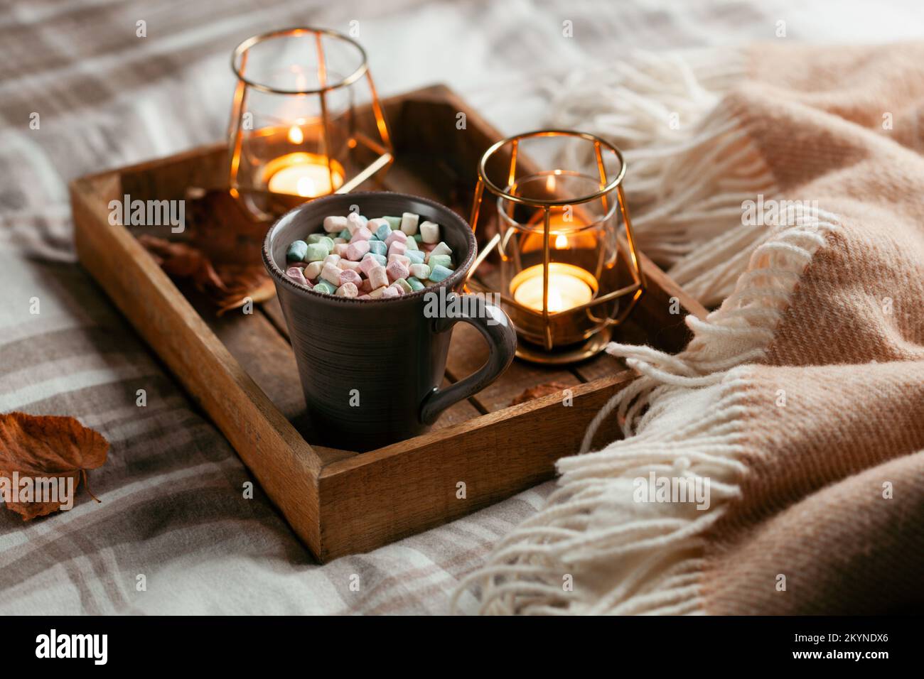 calda camera accogliente inverno o autunno concetto, tazza di cioccolata calda sul vassoio, candele lancio Foto Stock