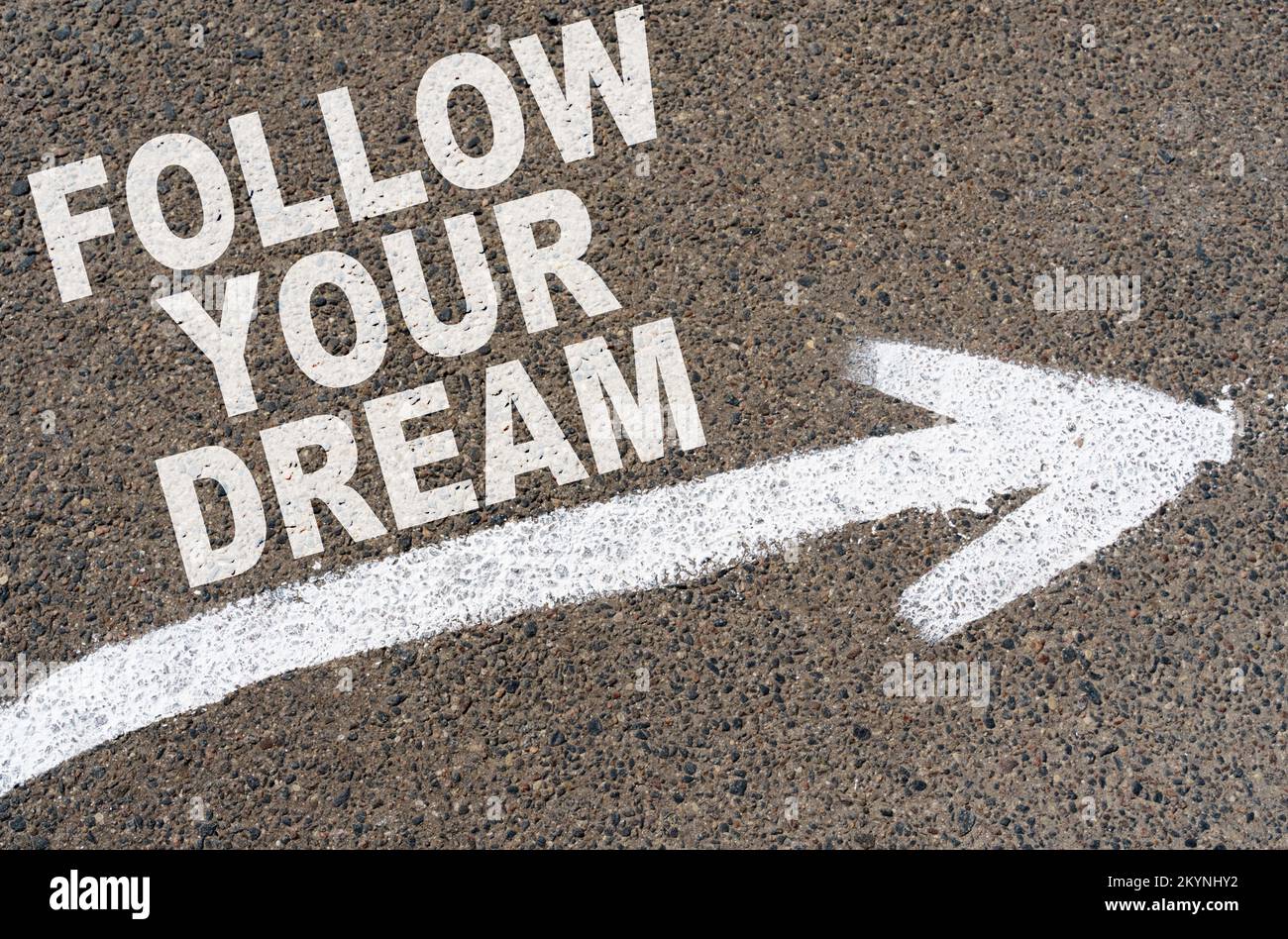 Concetto aziendale. Sulla strada asfaltata, una freccia con l'iscrizione - SEGUIRE IL TUO SOGNO Foto Stock