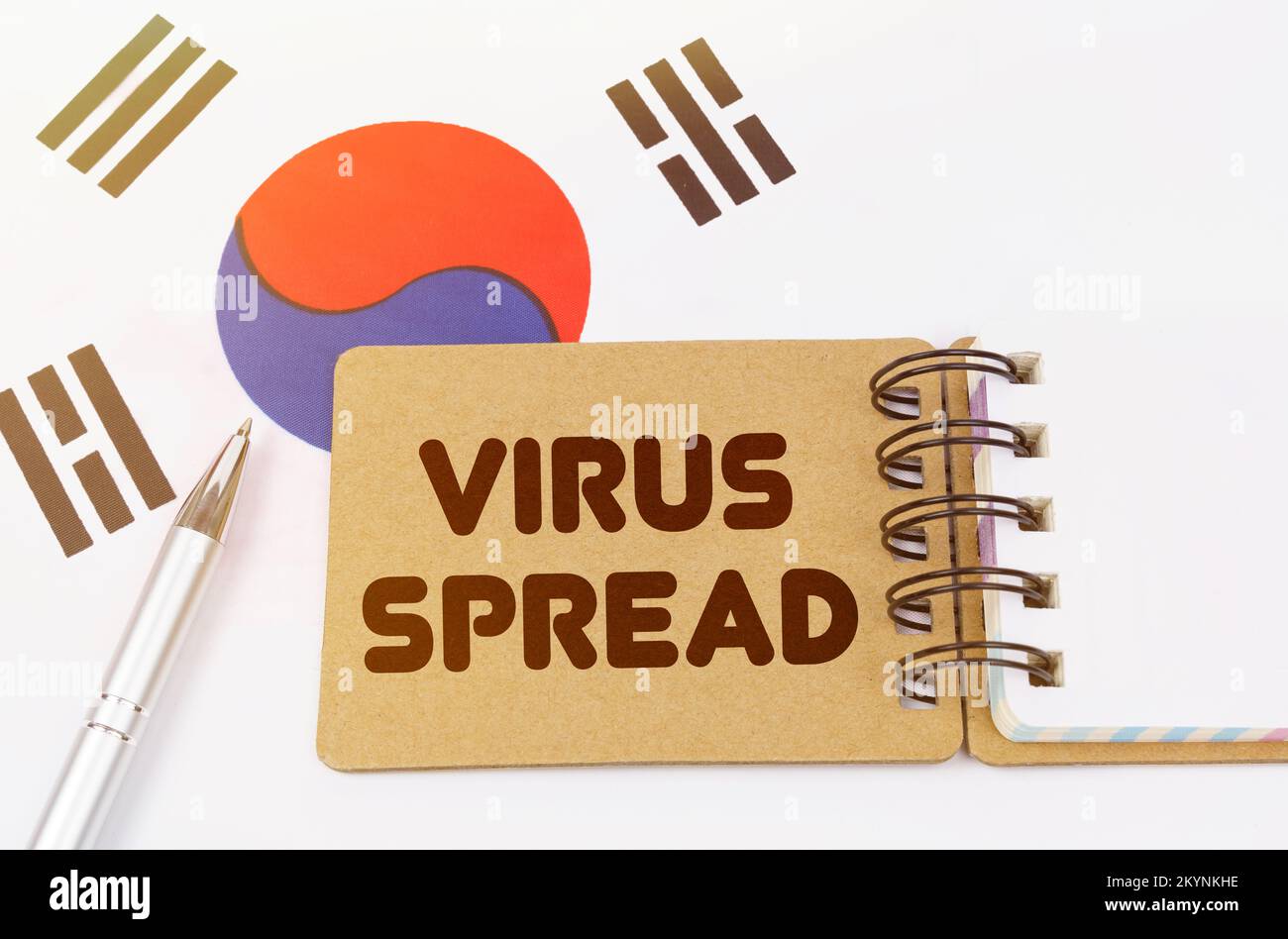 Concetto di medicina nazionale. Sulla bandiera della Corea del Sud si trova un taccuino con l'iscrizione - DIFFUSIONE DEL VIRUS Foto Stock