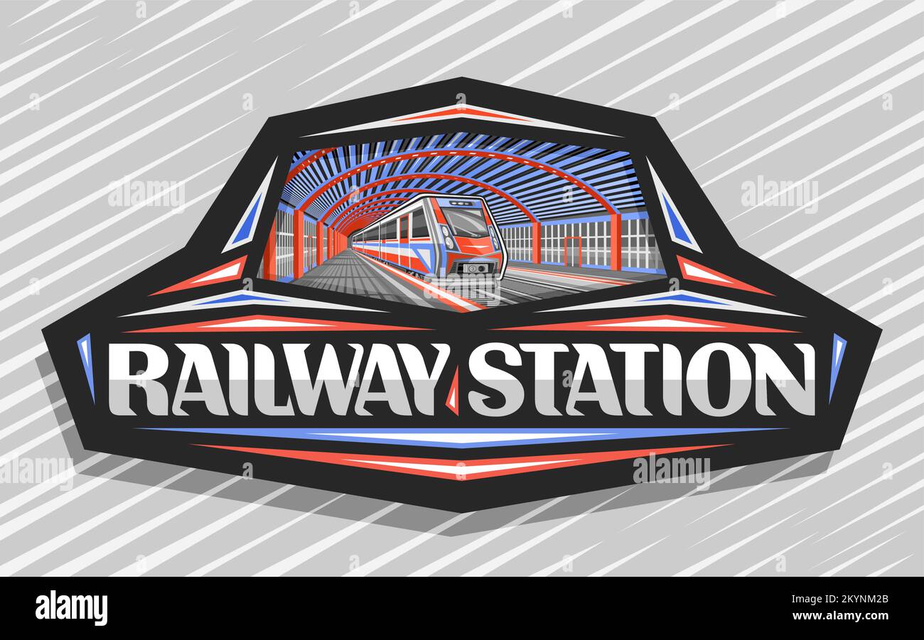 Logo vettoriale per stazione ferroviaria, cartellone decorativo scuro con illustrazione di rosso un treno blu che scorre in fretta dalla ferrovia, badge industriale con unico b Illustrazione Vettoriale