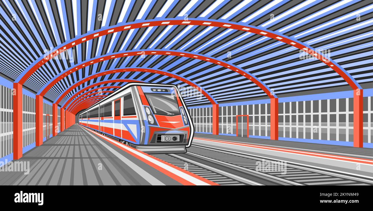 Illustrazione vettoriale della stazione ferroviaria, treno rosso che scorre in treno in blu stazione urbana con piattaforme vuote grigio scuro Illustrazione Vettoriale