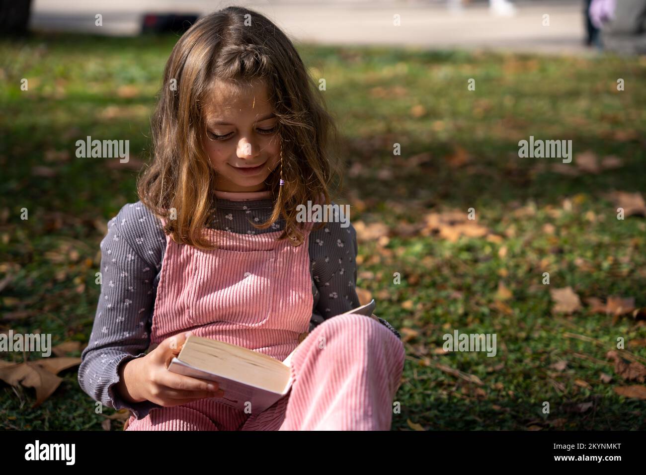 Ragazza felice in abiti casual sorridendo e leggendo un libro interessante mentre si siede sul prato il giorno d'autunno nel parco Foto Stock