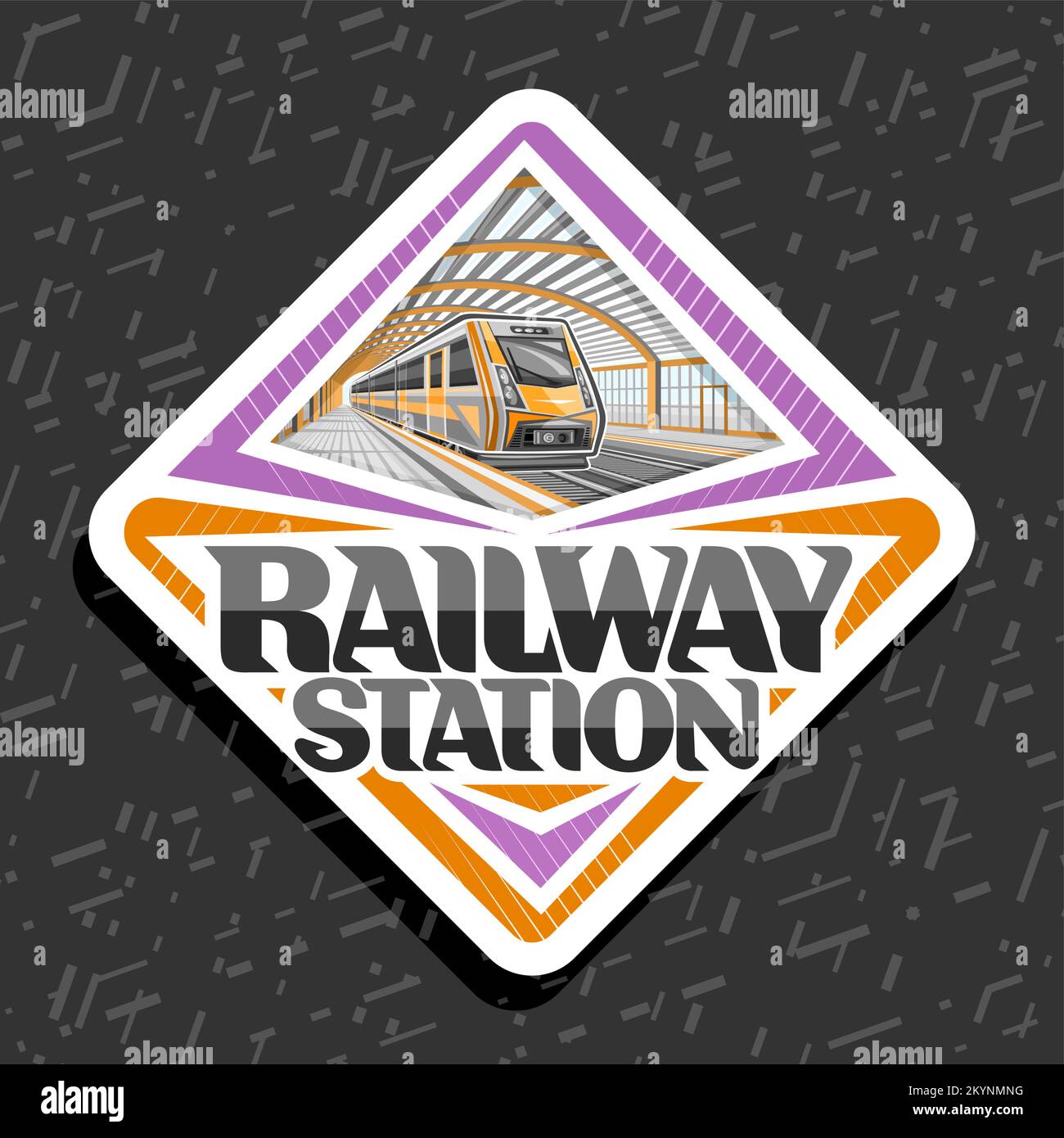 Logo vettoriale per stazione ferroviaria, cartello decorativo rombo bianco con illustrazione del treno arancione che scorre in treno, etichetta industriale con uniq Illustrazione Vettoriale