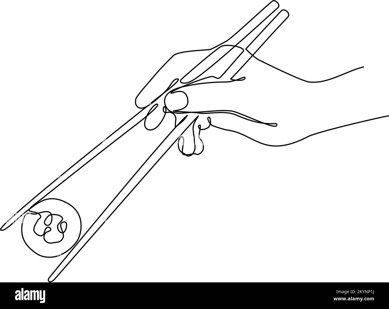 Mano con bacchette che tengono il sushi roll. Illustrazione del vettore a linea continua Illustrazione Vettoriale