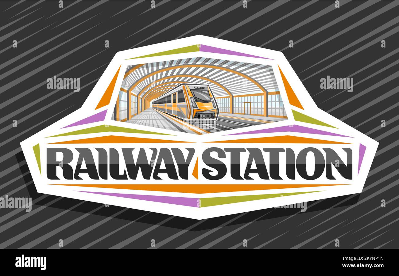 Logo vettoriale per stazione ferroviaria, cartello decorativo bianco con illustrazione del treno arancione che scorre in treno, badge industriale con pennello unico Illustrazione Vettoriale