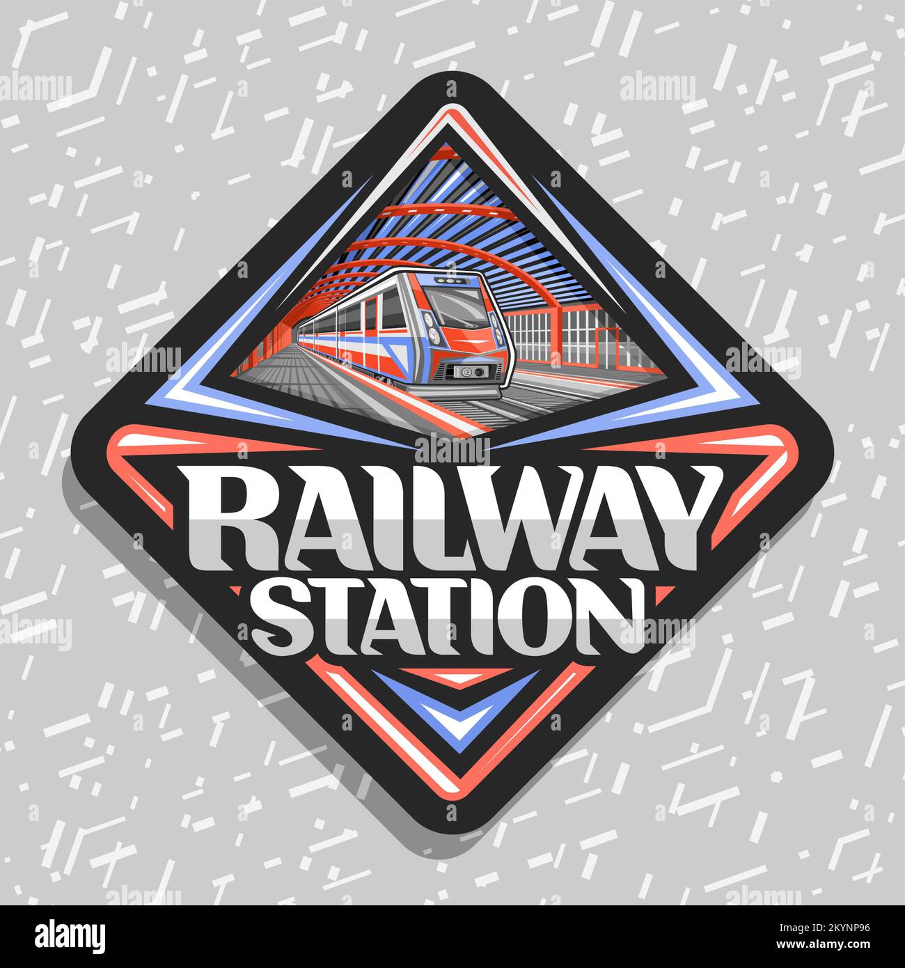 Logo vettoriale per la stazione ferroviaria, cartello decorativo rombo con illustrazione di rosso un treno blu che scorre in fretta per ferrovia, etichetta industriale con l'unicono Illustrazione Vettoriale