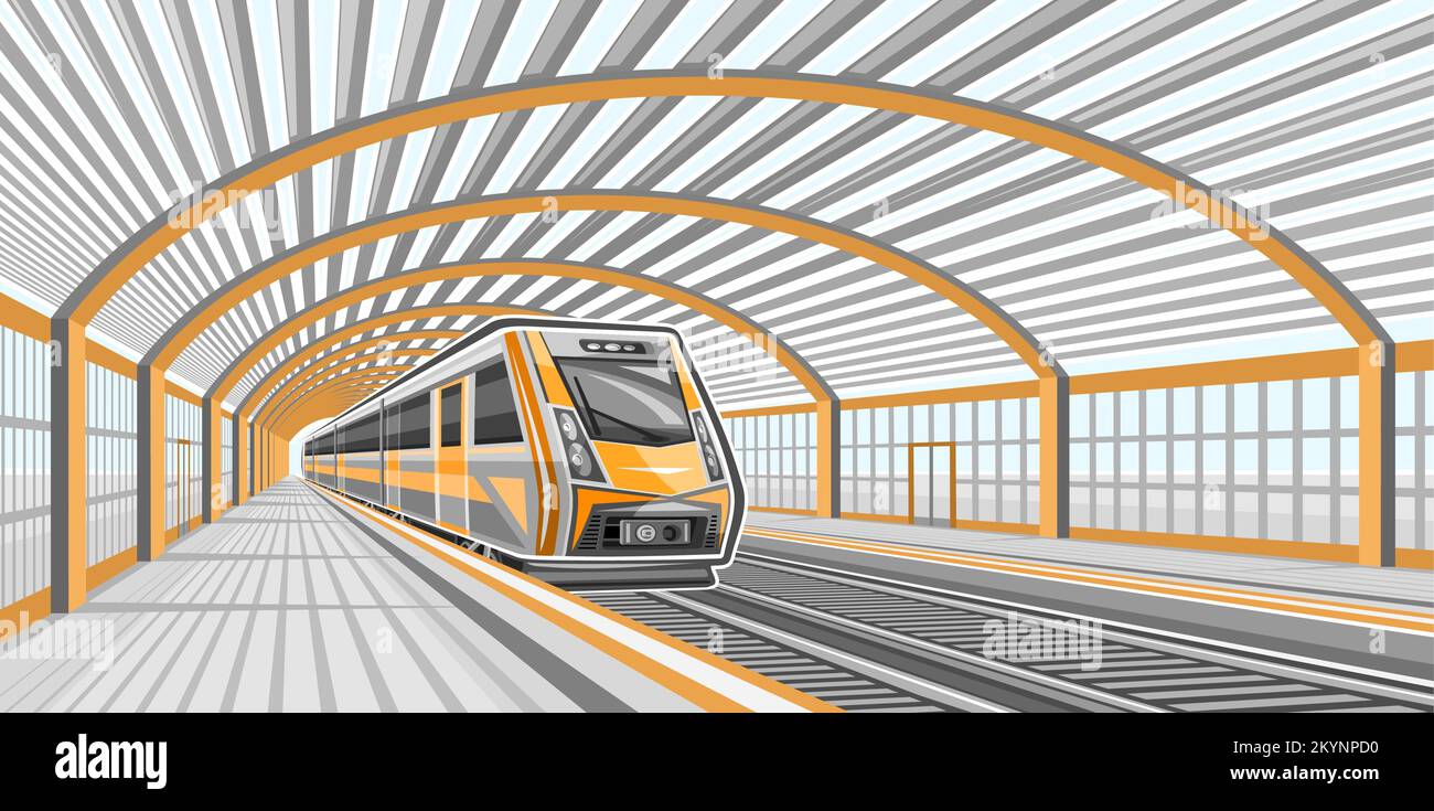 Illustrazione vettoriale della stazione ferroviaria, treno arancione che scorre in treno in stazione urbana con piattaforme grigie vuote Illustrazione Vettoriale