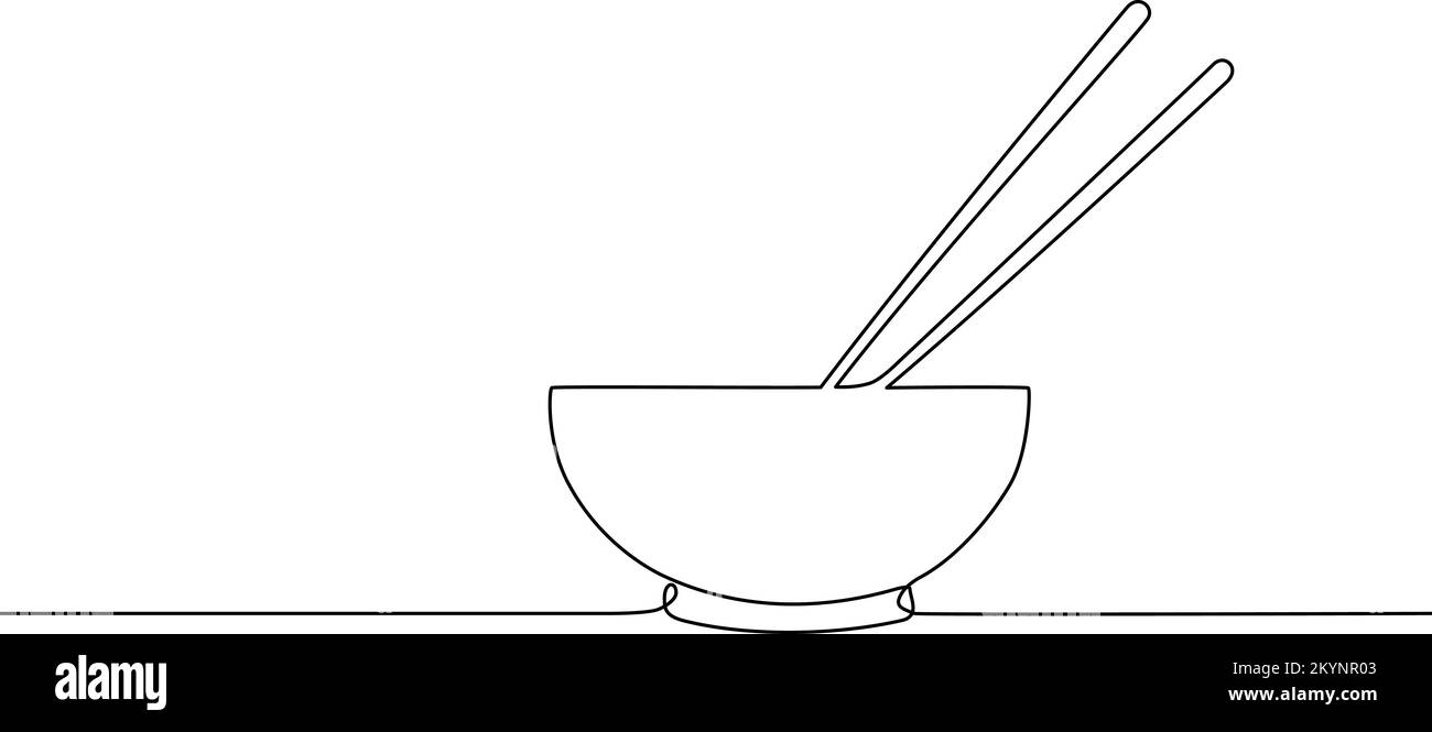 Zuppa asiatica in una ciotola con bacchette illustrazione vettore a linea continua Illustrazione Vettoriale