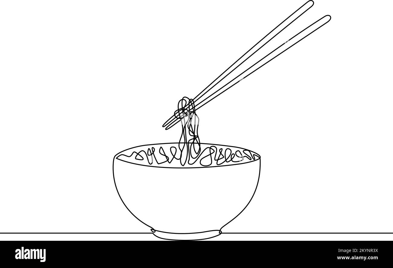 Zuppa asiatica di noodle in una ciotola con chopsticks a linea continua figura vettoriale Illustrazione Vettoriale