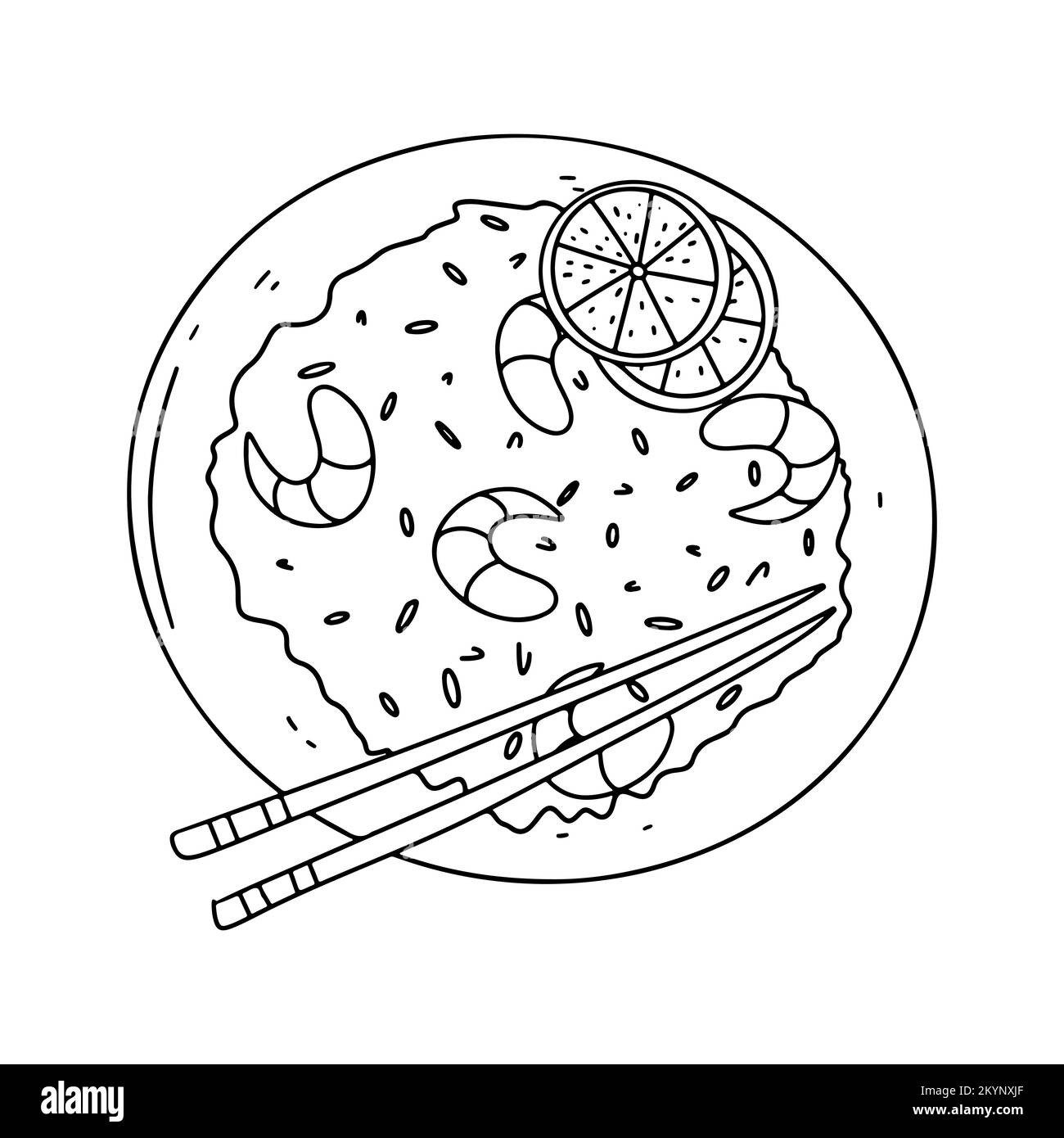 Riso fritto con gamberetti in stile doodle disegnati a mano. Preparato in wok. Vista dall'alto Illustrazione Vettoriale
