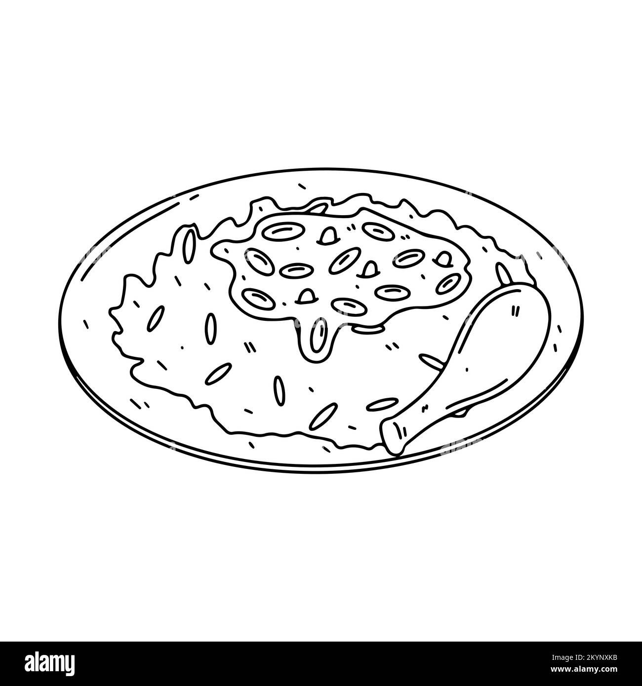 Riso fritto con salsa di fagioli e pollo arrosto in stile doodle trainato a mano. Piatto cinese Illustrazione Vettoriale