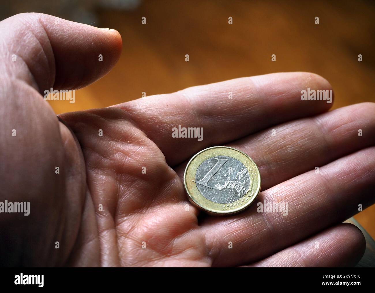 Un euro di moneta. Moneta da 1 euro nel palmo della mano. Foto Stock