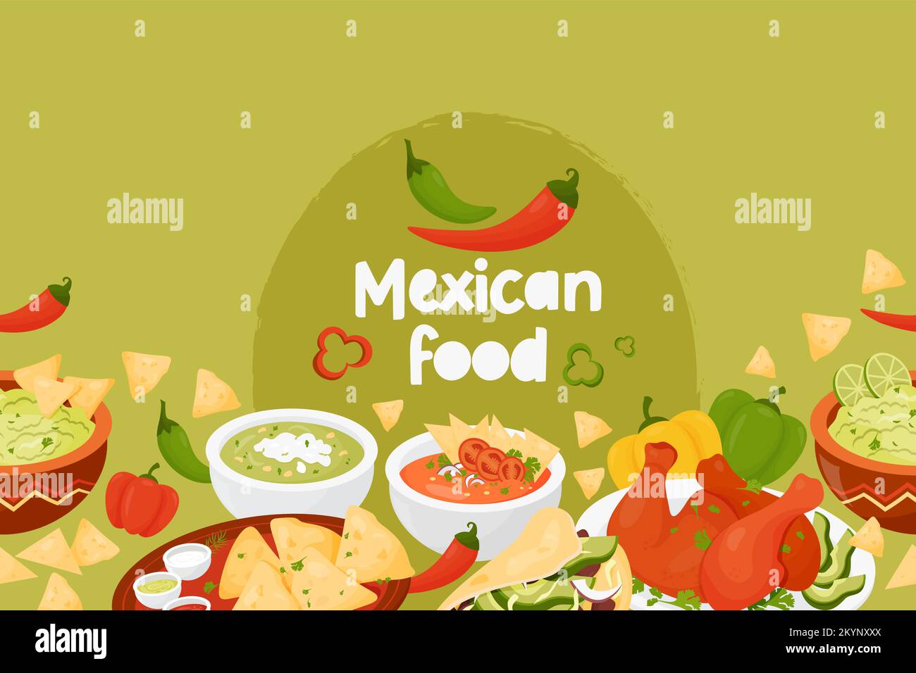 Confine orizzontale senza cuciture con cibo messicano. Quesadilla, Tacos, guacamole con nachos, zuppa verde e zuppa di pomodoro, pollo all'Achiote sul dorso verde Illustrazione Vettoriale Confine orizzontale senza cuciture con cibo messicano. Quesadilla, Tacos, guacamole con nachos, zuppa verde e zuppa di pomodoro, pollo all'Achiote sul dorso verde Illustrazione Vettoriale