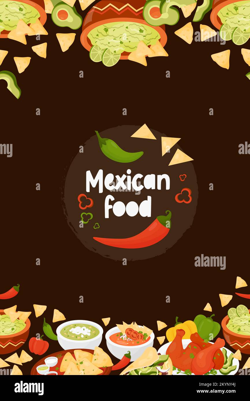 Cibo messicano. Bordo verticale vettoriale senza cuciture con piatti latino-americani Quesadilla, Taco, salsa di guacamole con nachos, zuppa di pomodoro e verde, Achiote Illustrazione Vettoriale Cibo messicano. Bordo verticale vettoriale senza cuciture con piatti latino-americani Quesadilla, Taco, salsa di guacamole con nachos, zuppa di pomodoro e verde, Achiote Illustrazione Vettoriale