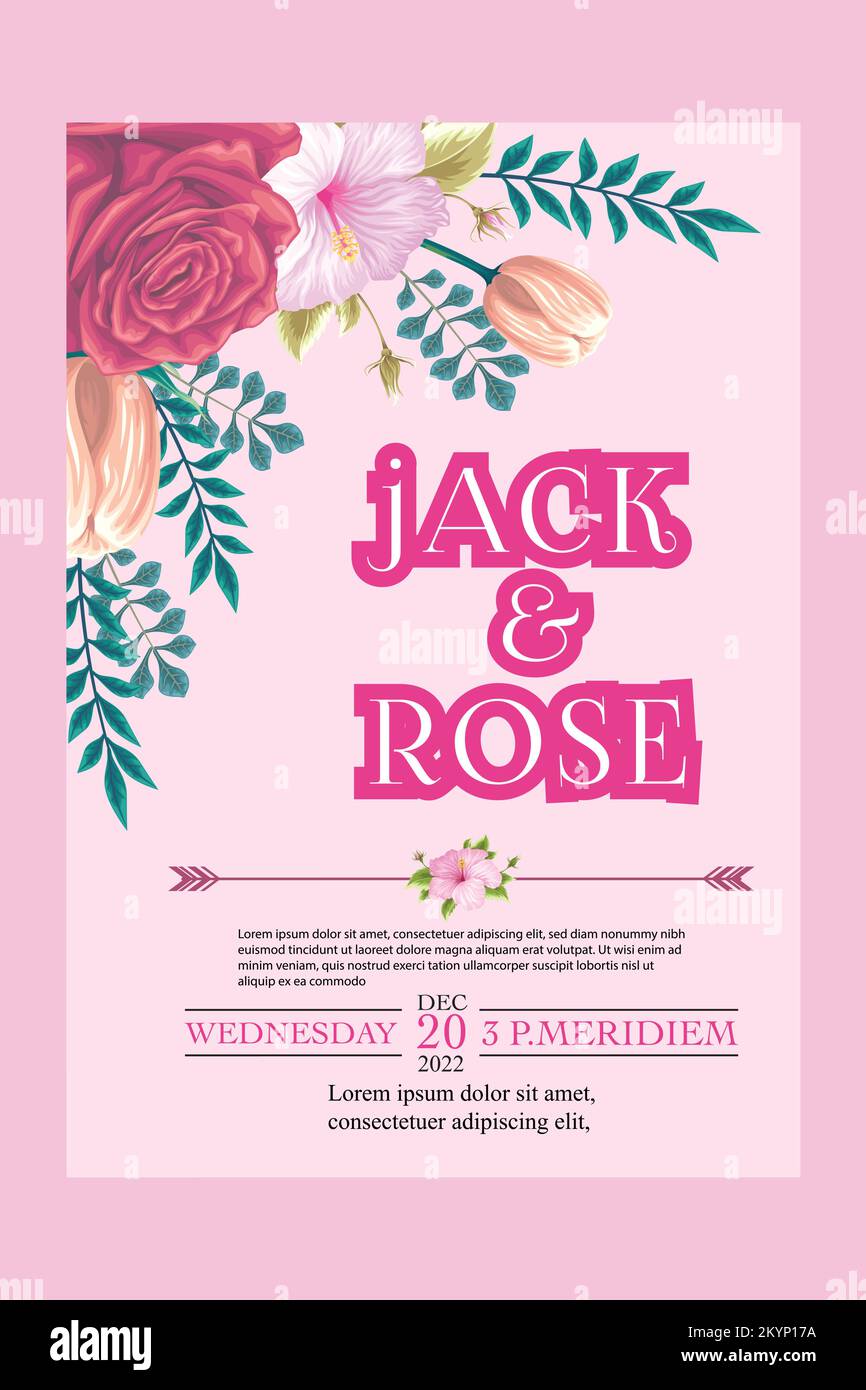 Decorazione matrimonio invito disegno scheda con fiori di rosa su sfondo rosso scuro Illustrazione Vettoriale