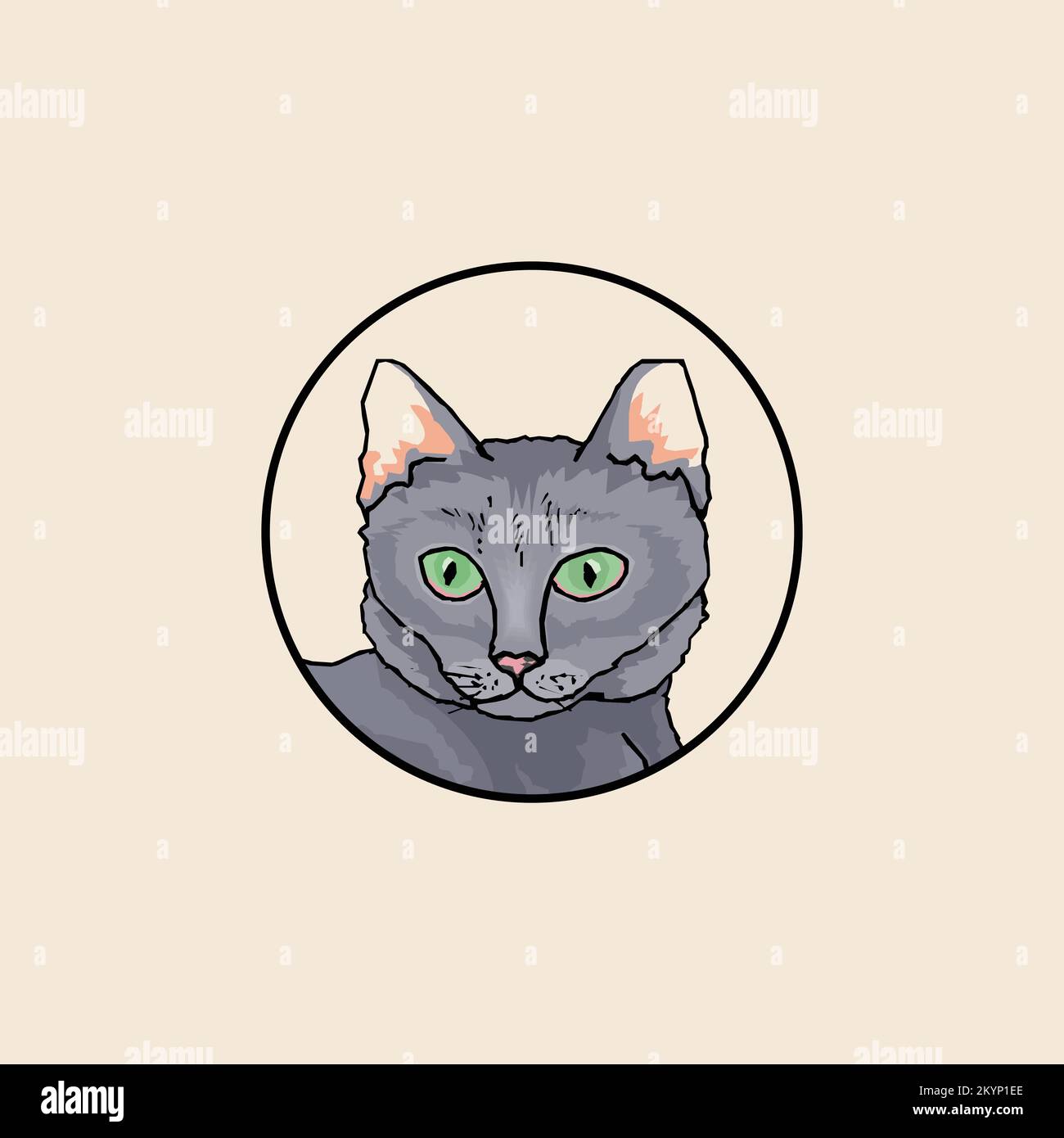 Grafica del logotipo, icona della testa di gatto con un cerchio su sfondo pulito Illustrazione Vettoriale