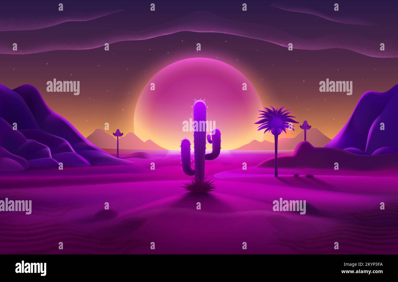 Retro onda copertura al neon deserto con oasi e palme. Natura sfondo. Illustrazione vettoriale Illustrazione Vettoriale