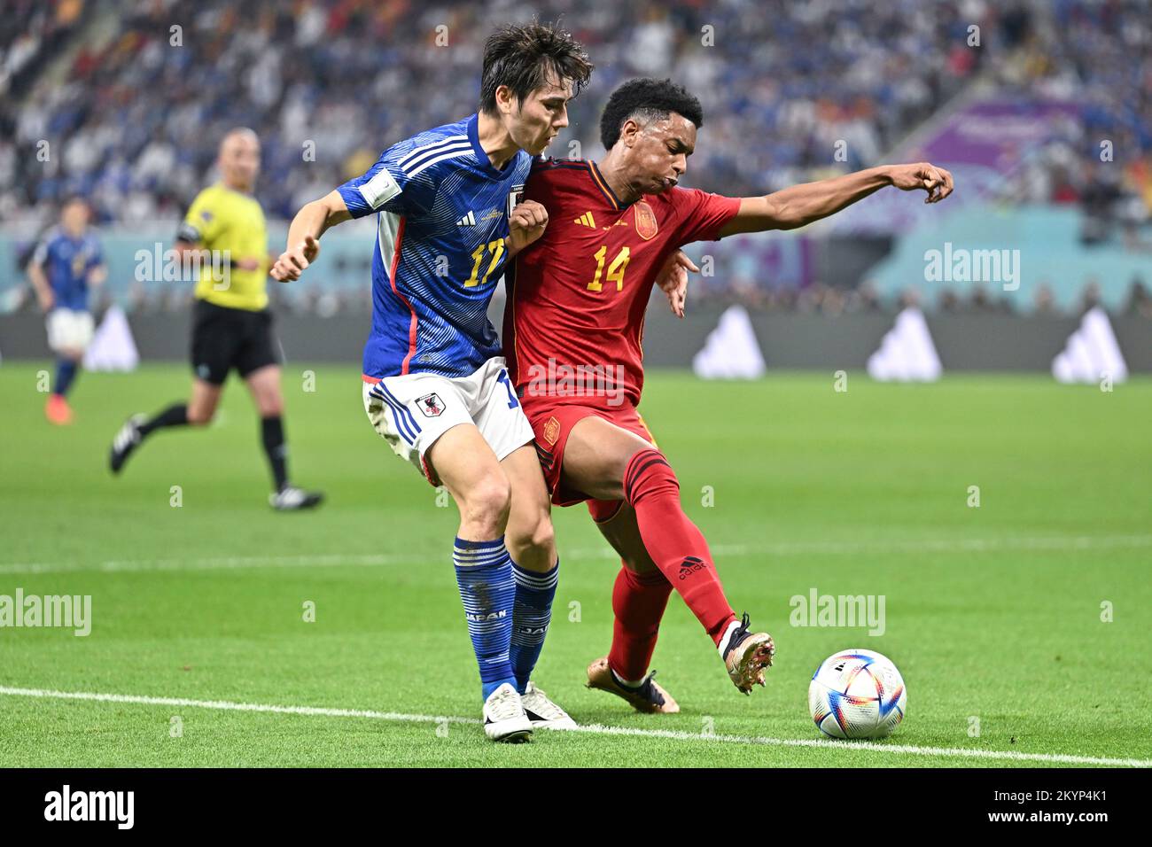 Doha, Qatar. 1st Dec, 2022. Jose Gaya (R) di Spagna vies con Tanaka Ao del Giappone durante la loro partita di Gruppo e alla Coppa del mondo FIFA 2022 allo Stadio Internazionale Khalifa di Doha, Qatar, il 1 dicembre 2022. Credit: Xiao Yijiu/Xinhua/Alamy Live News Foto Stock