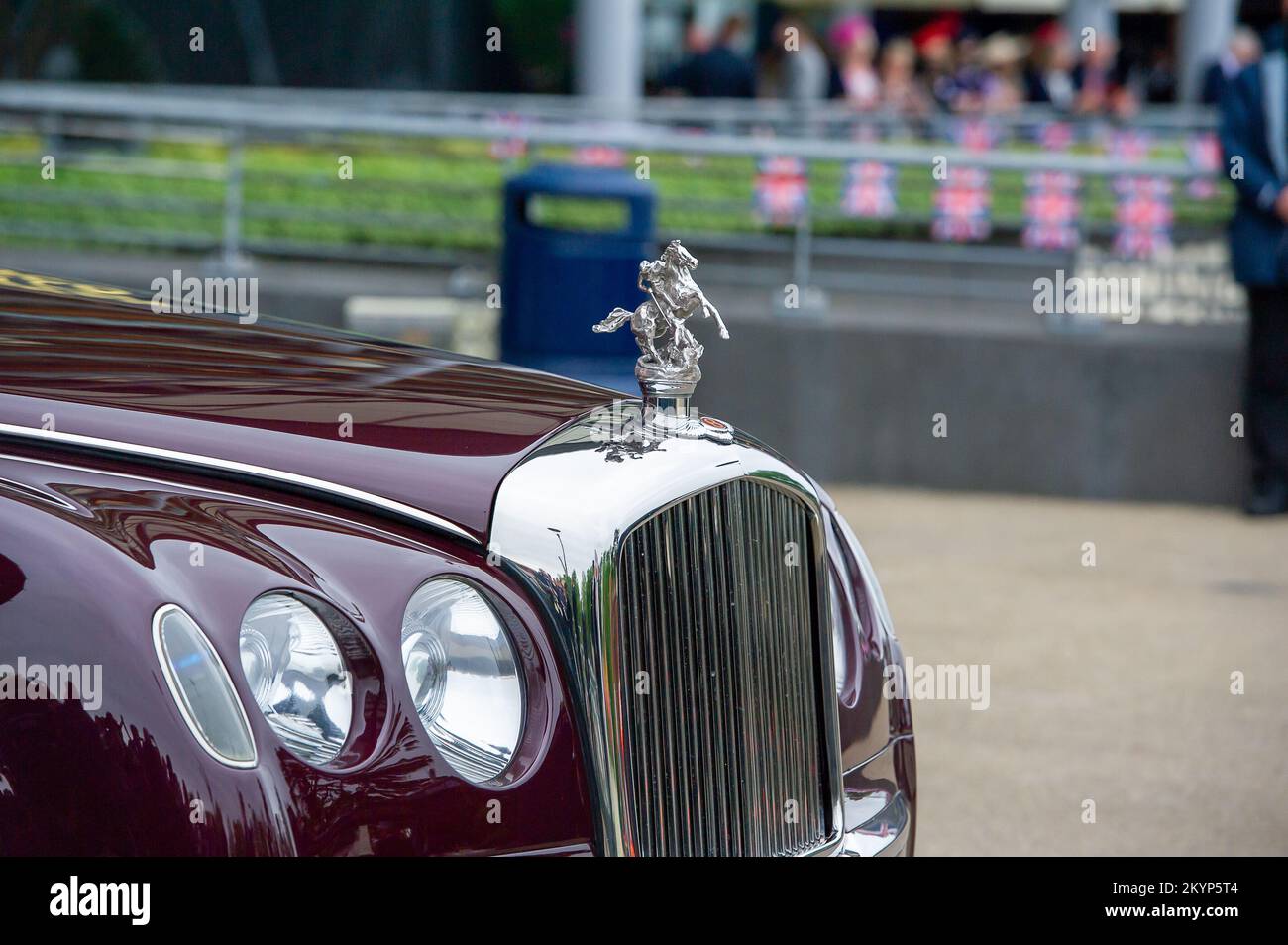 Ascot, Berkshire, Regno Unito. 19th giugno, 2021. L'autista di sua Maestà la Regina ha guidato Bentley. La regina Elisabetta II ha frequentato oggi Royal Ascot insieme a sua Signora in attesa, Lady Susan Hussey. Sua Maestà arrivò nel Royal Parade Ring al circuito di Ascot in un Bentley guidato da un autista piuttosto che nella solita carrozza trainata da cavalli. Sua Maestà indossava un cappotto da cambio pieghettato verde menta e un cappello abbinato con rose di seta rosa e verde. Credito: Maureen McLean/Alamy Foto Stock
