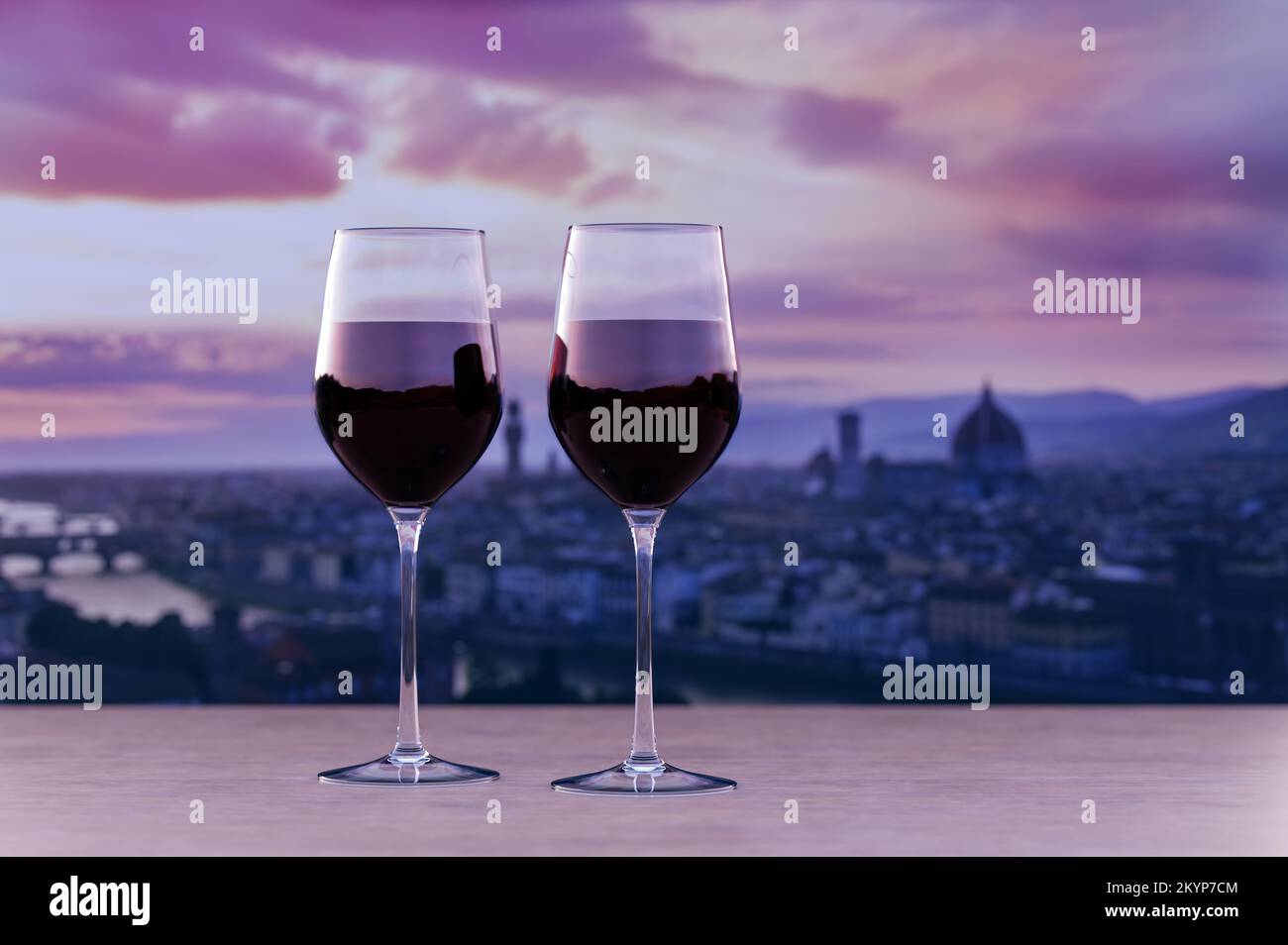 Bicchiere di due vini rossi con vista del tramonto sul centro di Firenze Foto Stock