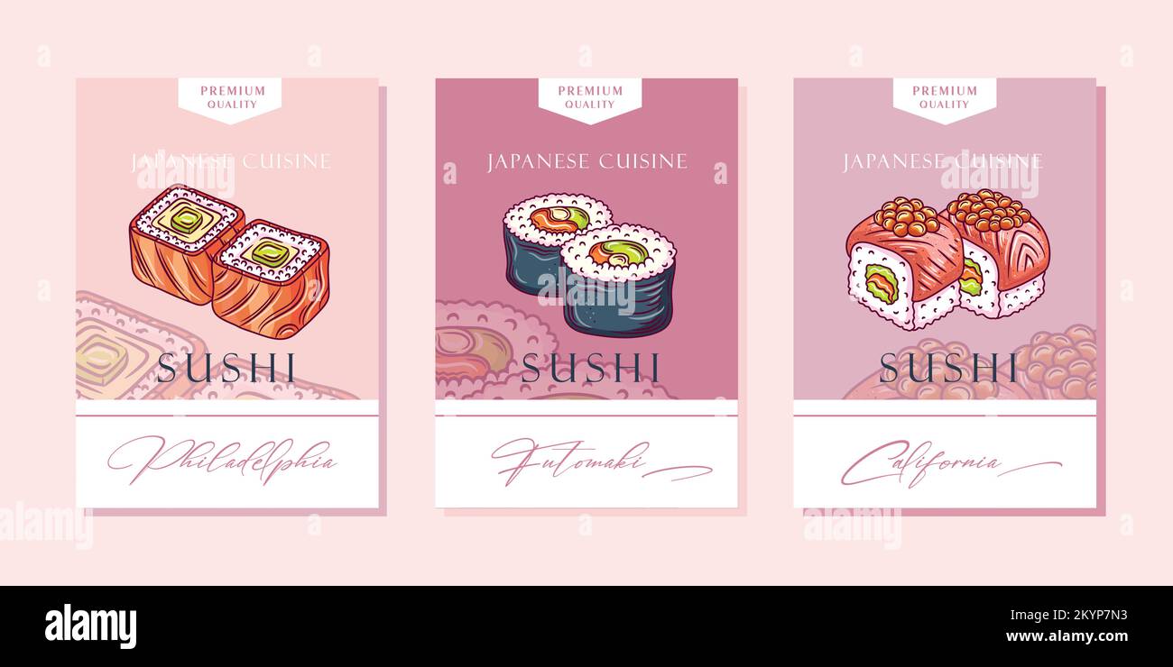 Cucina asiatica tradizionale Collezione Vector Emblems. Set di segni, simboli o modelli di logo per astratti alimentari giapponesi. Rotoli di sushi sfilati a mano o sushi Maki Illustrazione Vettoriale