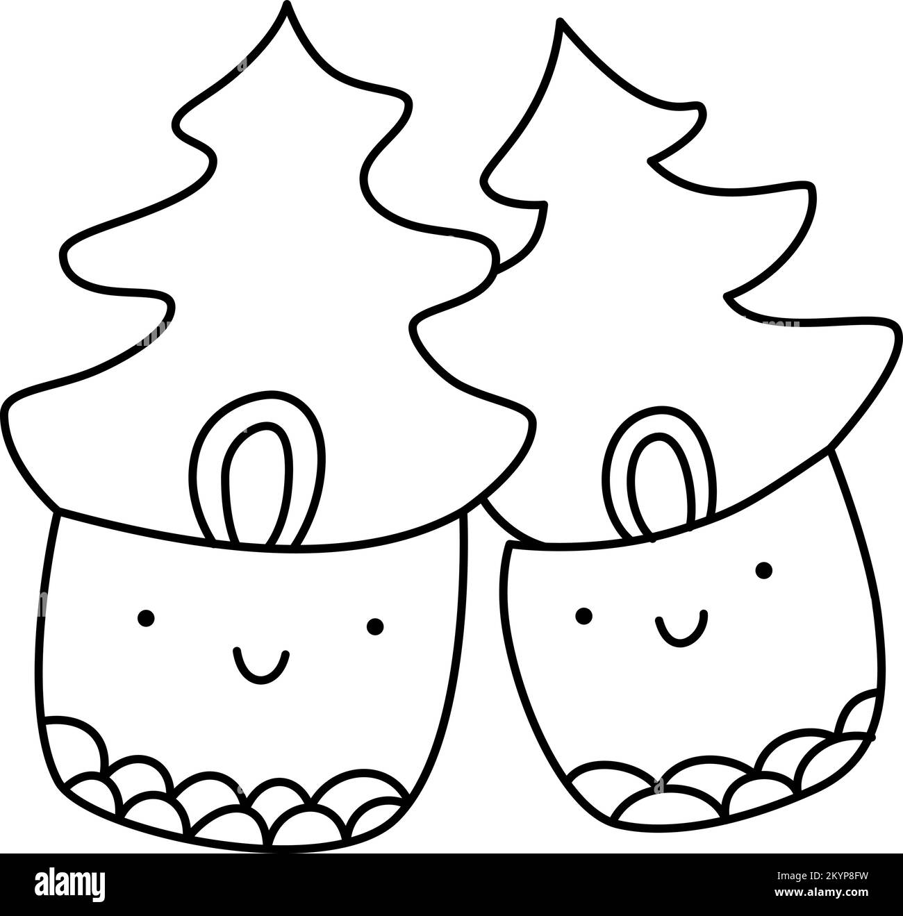 Due coppia carino felice amante alberi di Natale. Linea disegnata a mano buon Natale e felice anno nuovo isolato illustrazione per la celebrazione dell'inverno Illustrazione Vettoriale