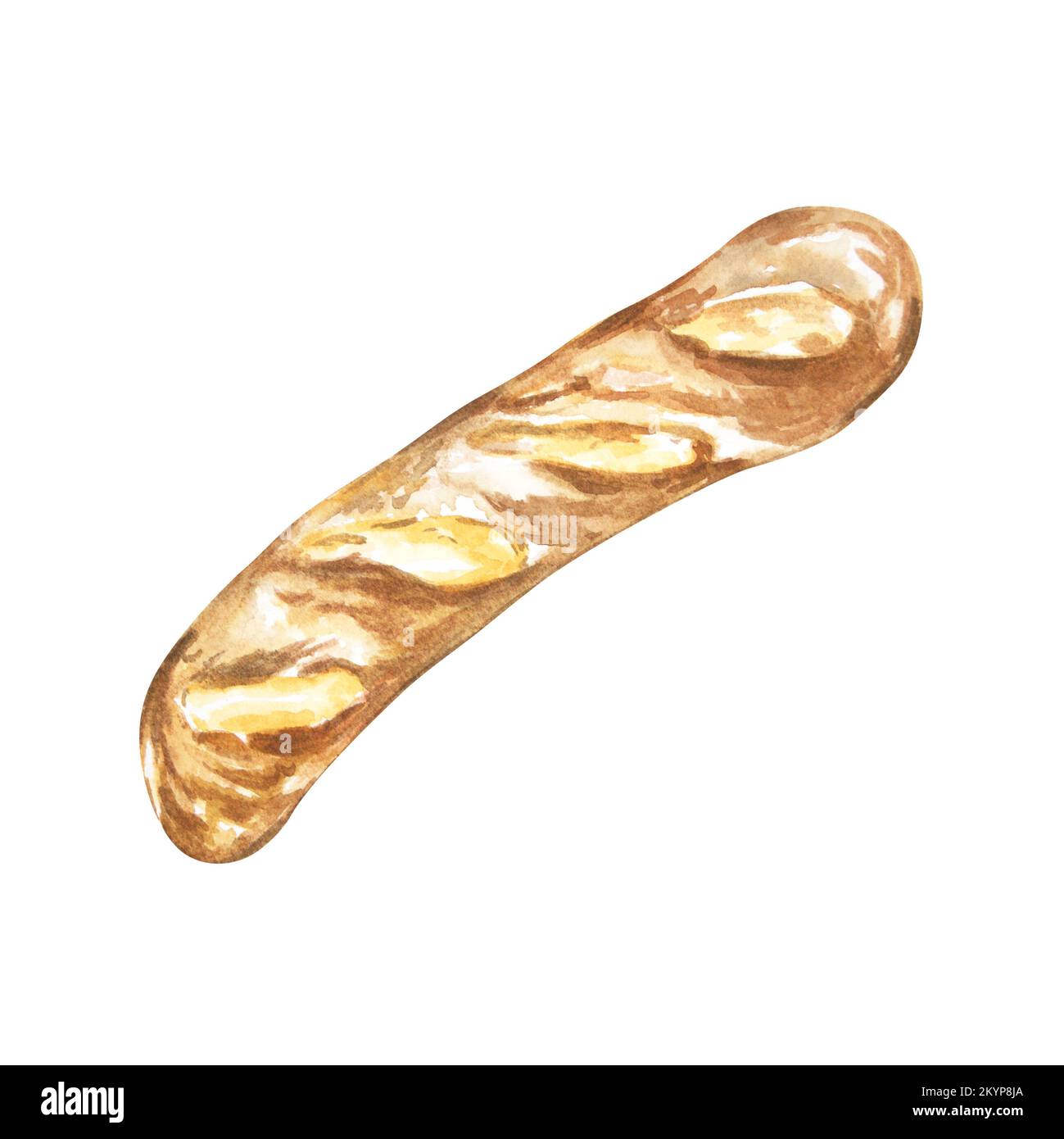 Prodotti da forno acquerelli. Realizzato a mano su sfondo bianco. La baguette è bianca. Raster. Può essere utilizzato su una cartolina, in composizioni, su una tovaglia Foto Stock