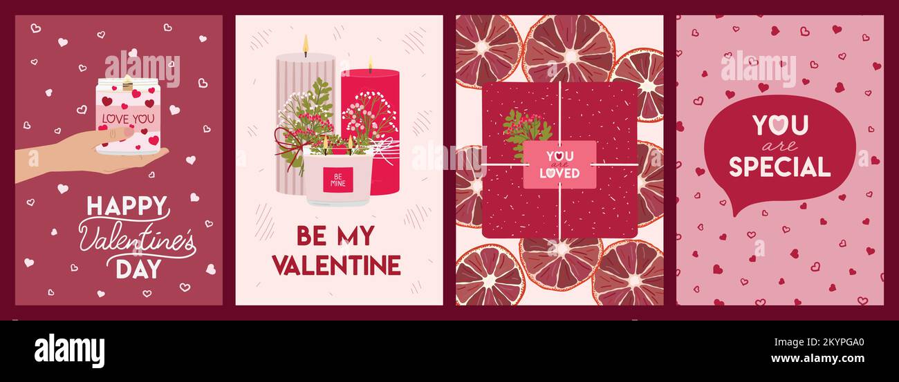Set di biglietti d'auguri per San Valentino con candele, mani, confezioni regalo, verde e scritte desideri. Buon giorno di San Valentino poster, invito. Zero Illustrazione Vettoriale