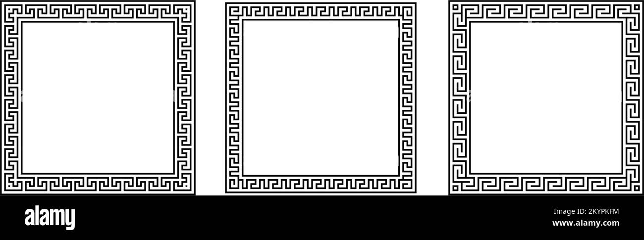 Set di cornici quadrate in ornamento greco. Raccolta di pattern rettangolari meandro. Antichi confini del fret greco. Motivo geometrico dei meandros. Vettore Illustrazione Vettoriale