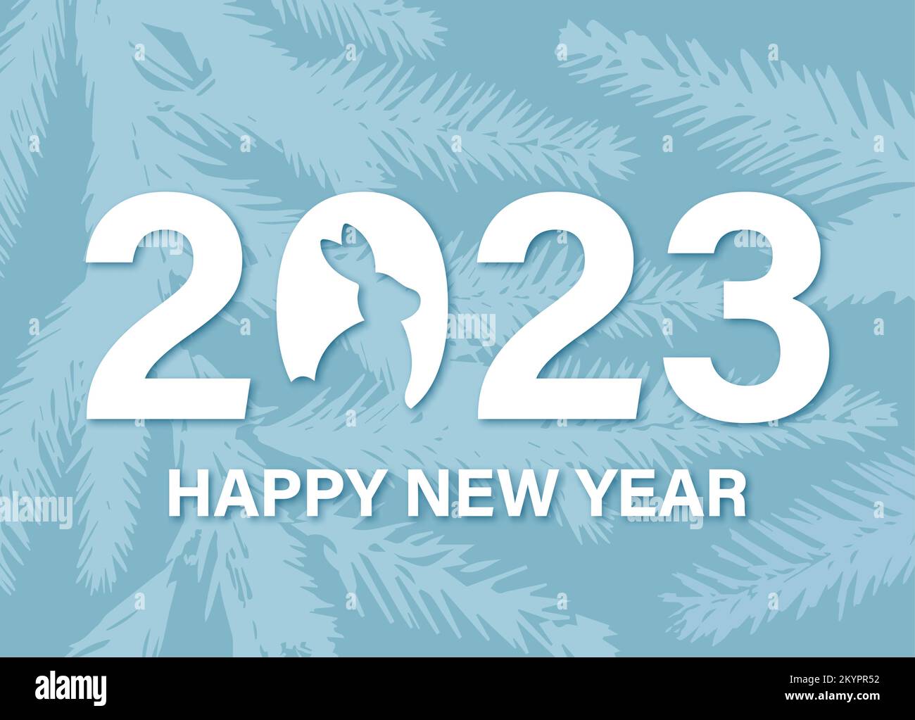 Elegante biglietto di auguri per il nuovo anno in minimalismo. Felice anno nuovo 2023 anno del segno zodiacale di coniglio. Colori blu e bianco. Illustrazione vettoriale. Illustrazione Vettoriale