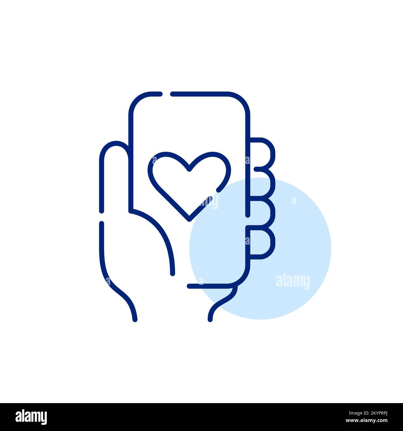 Tenere in mano lo smartphone con il simbolo del cuore sullo schermo. Icona della linea di tratto modificabile pixel Perfect Illustrazione Vettoriale
