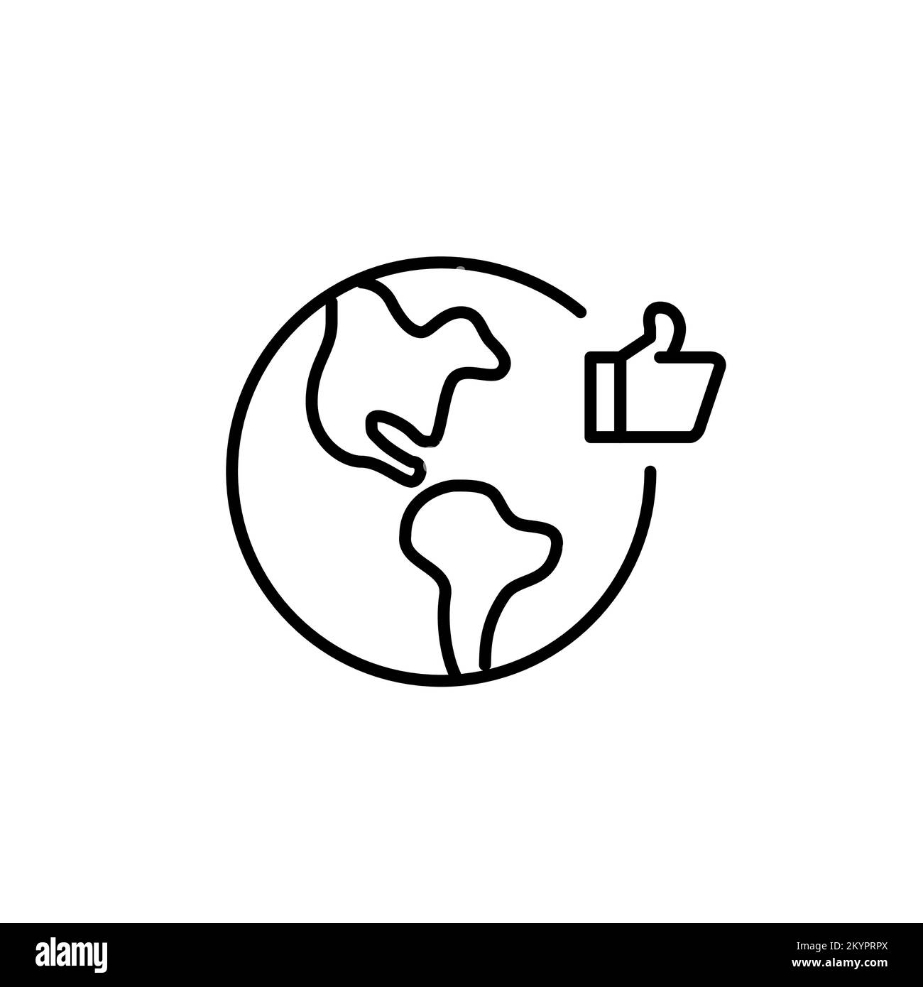 Approvazione dei clienti in tutto il mondo. Pianeta Terra con il simbolo dei pollici. Pixel Perfect, icona del tratto modificabile Illustrazione Vettoriale