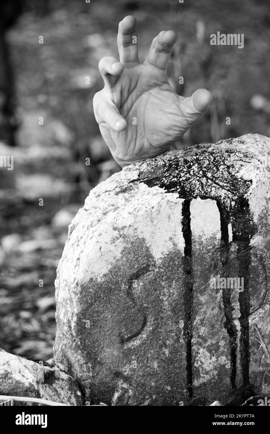 Una mano in un cimitero si risveglia e esce dalla sua tomba Una mano in un cimitero si risveglia e esce dalla sua tomba. Foto Stock