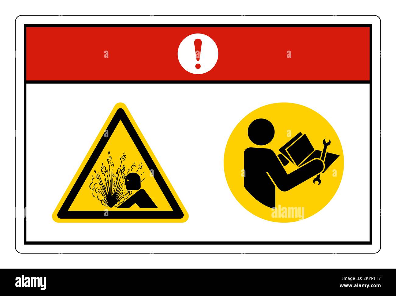 Attenzione dispositivo pressurizzato leggere il manuale tecnico prima di eseguire la manutenzione simbolo su sfondo bianco Illustrazione Vettoriale
