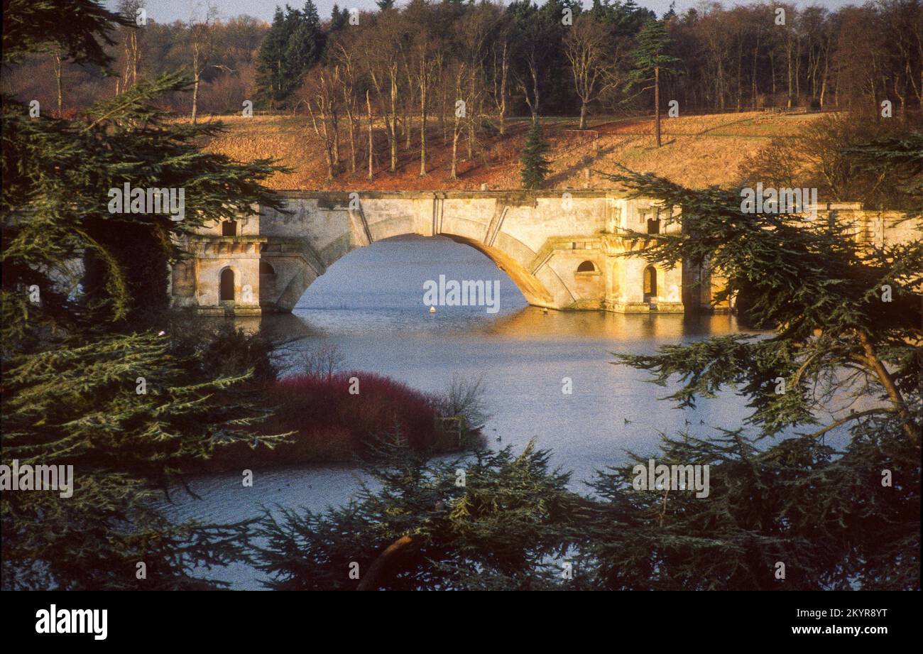 La mattina presto a Blenheim Palace Grounds, presentato per la prima volta da 18th C giardiniere capacità Brown, Woodstock, Oxfordshire, Inghilterra Foto Stock