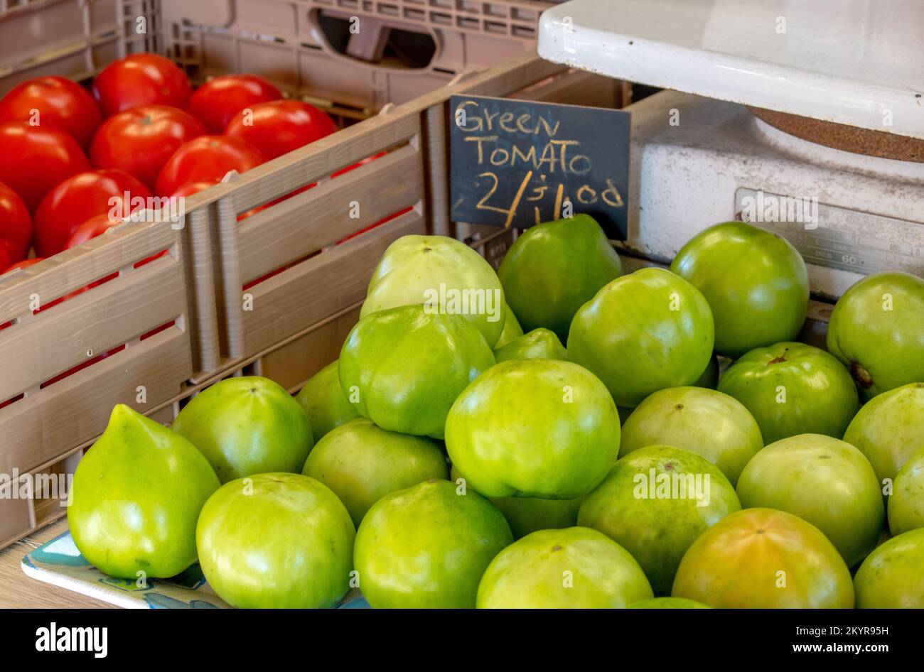I pomodori verdi maturi si siedono accanto ai pomodori rossi inscatolanti, in un mercato agricolo negli Stati Uniti Foto Stock