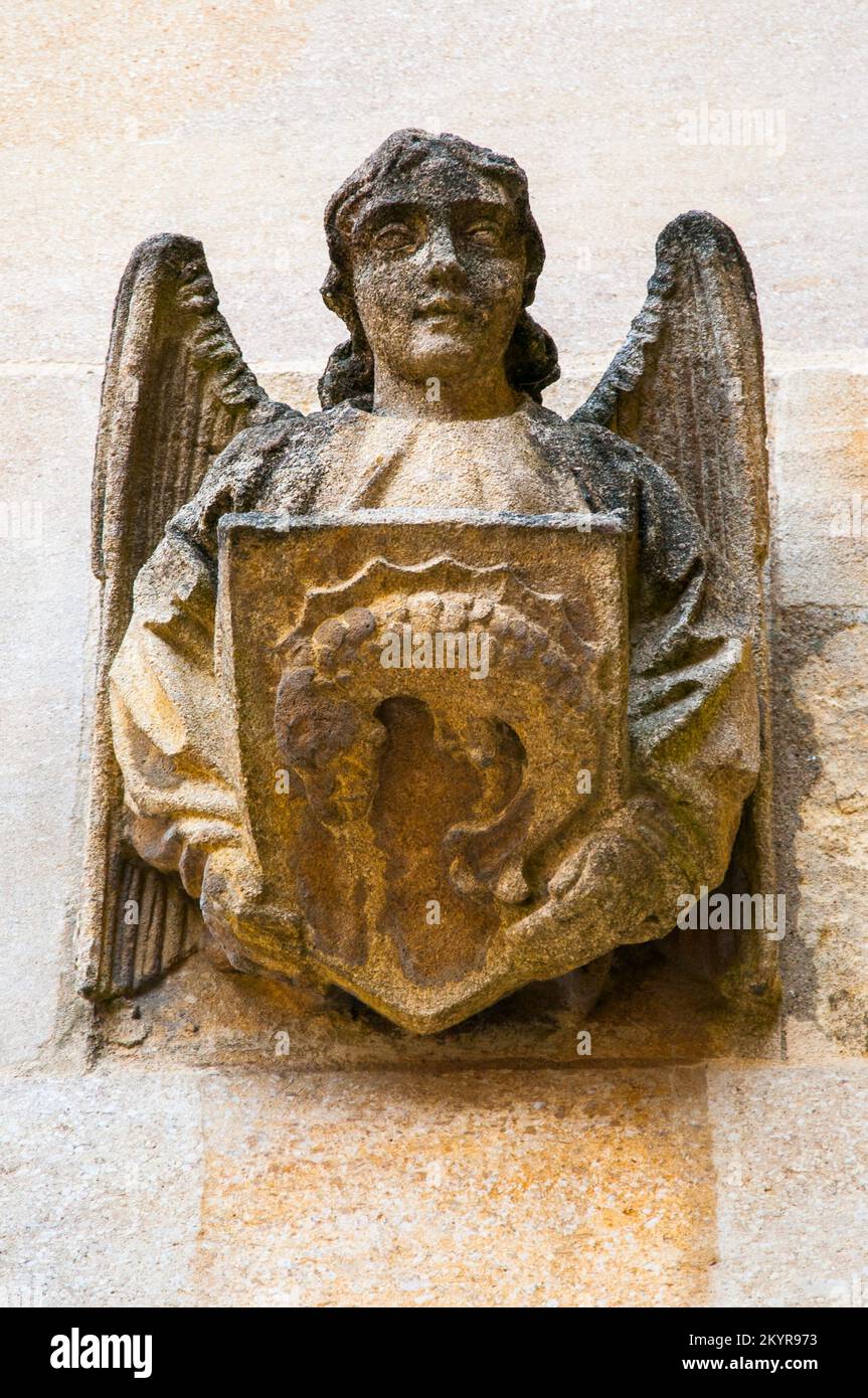 Scultura in pietra di un angelo al Merton College, fondata nel 1264 d.C., Oxford University, Inghilterra Foto Stock