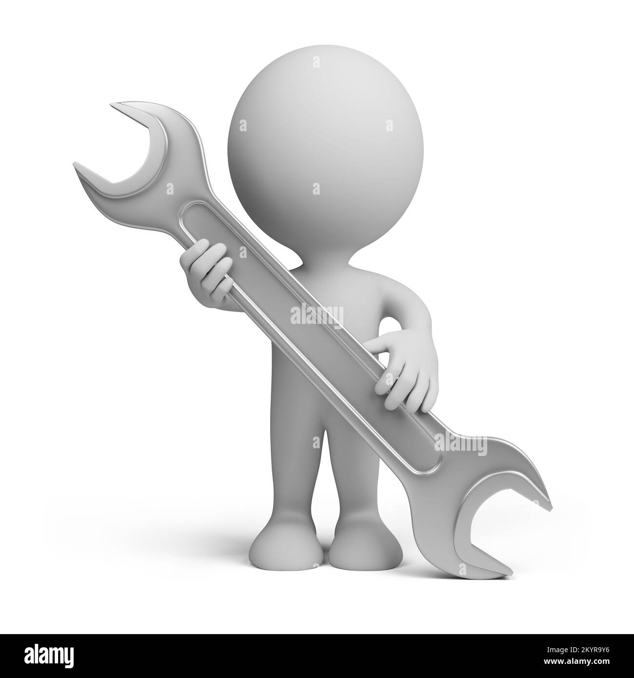 3d uomo in piedi con una chiave in acciaio. immagine 3d. Sfondo bianco isolato. Foto Stock