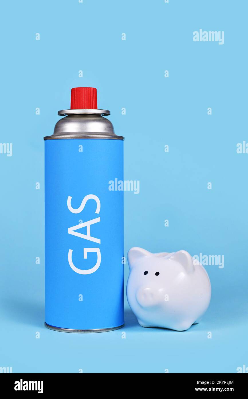 Flacone a cartuccia di gas con banco di piggy su sfondo blu. Concetto per il risparmio di gas Foto Stock