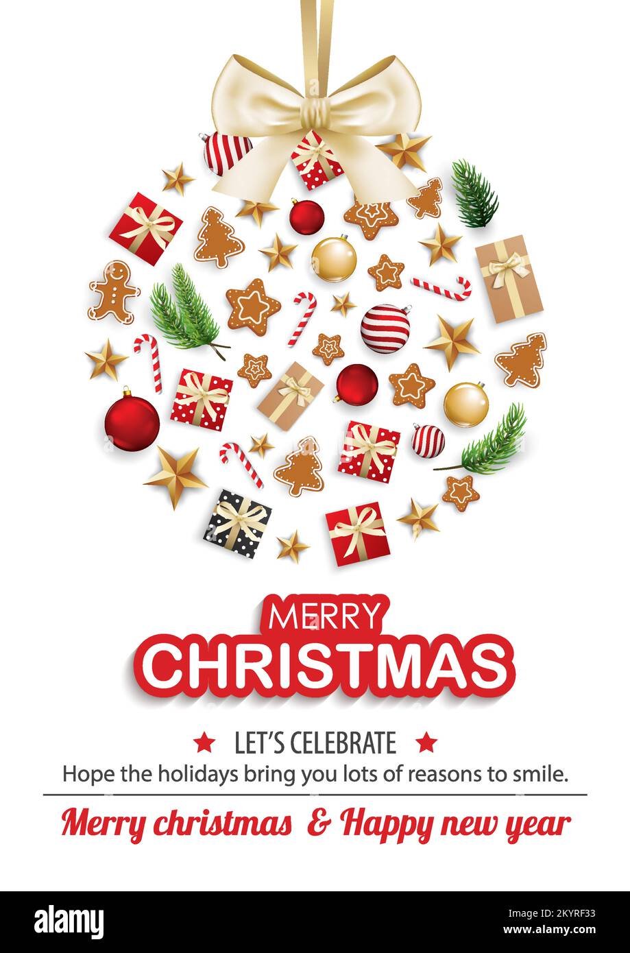 Allegro oggetto di natale in forma di sfera di vetro per volantino e modello di sfondo di design brochure. Buon banner e modello di biglietto di auguri per le feste. Illustrazione Vettoriale