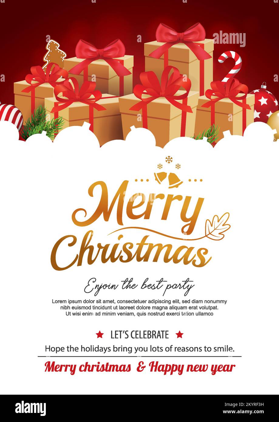 Allegro festa di natale con palla di vetro e giftbox per opuscolo opuscolo sfondo invito concetto tema. Buon Natale banner e biglietto templ Illustrazione Vettoriale
