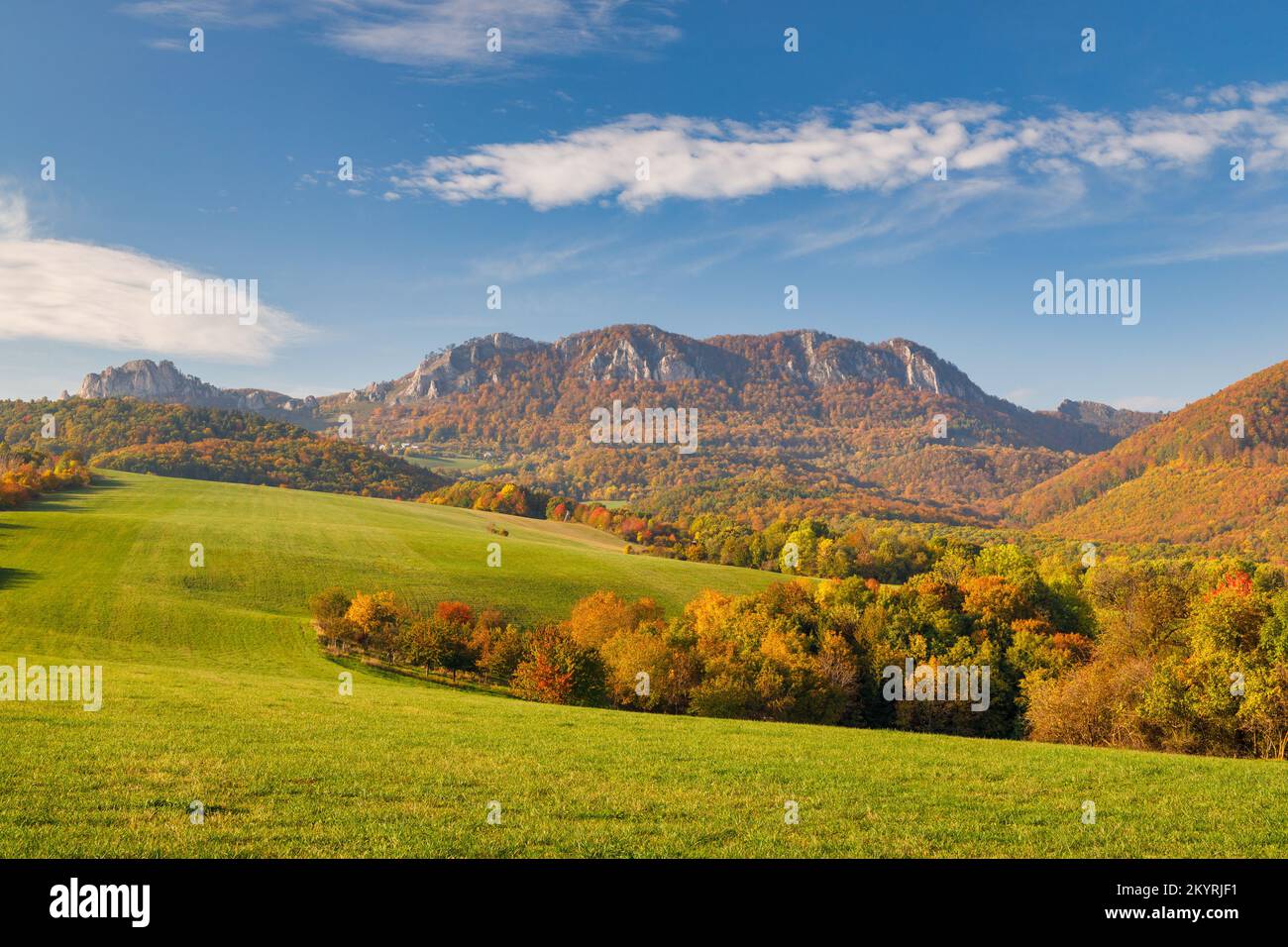 Vista del paesaggio autunnale con montagne rocciose sullo sfondo. La Riserva Naturale Nazionale di Vrsatec nei Monti Carpazi Bianchi, Slovacchia, Euro Foto Stock