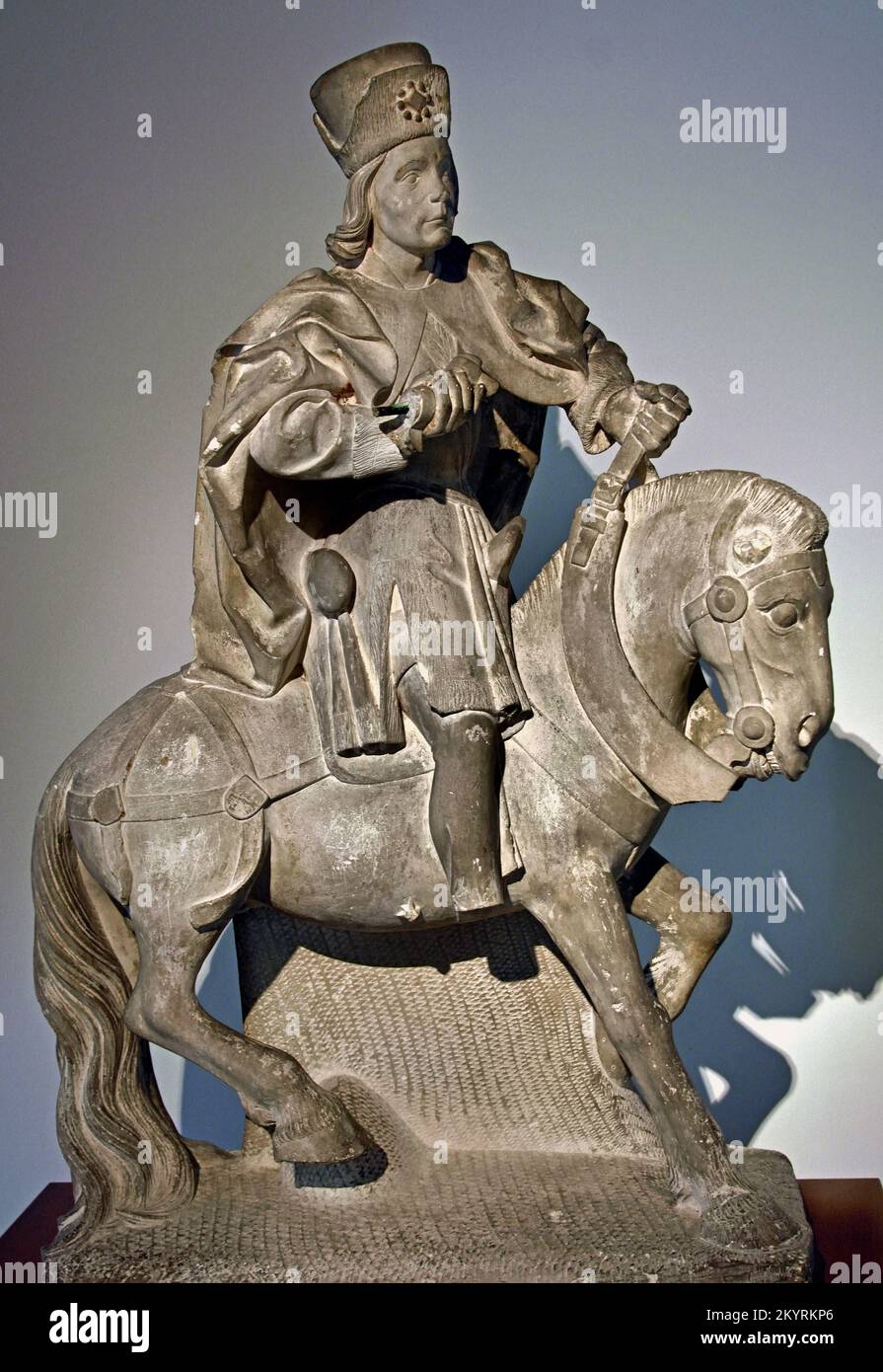 Statua equestre Saint George Francia Medioevo 2nd metà del 15th ° secolo calcare (cunetta rotonda) . 75 cm; 88 cm; 31 cm , Francia, francese, Foto Stock