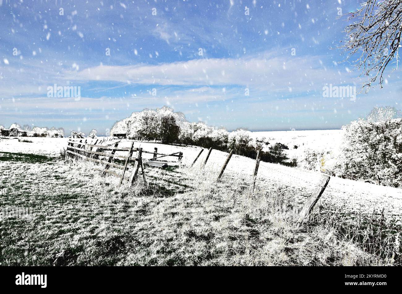 Winterliche Landschaft mit Hügel, Zäunen und Bäumen Foto Stock